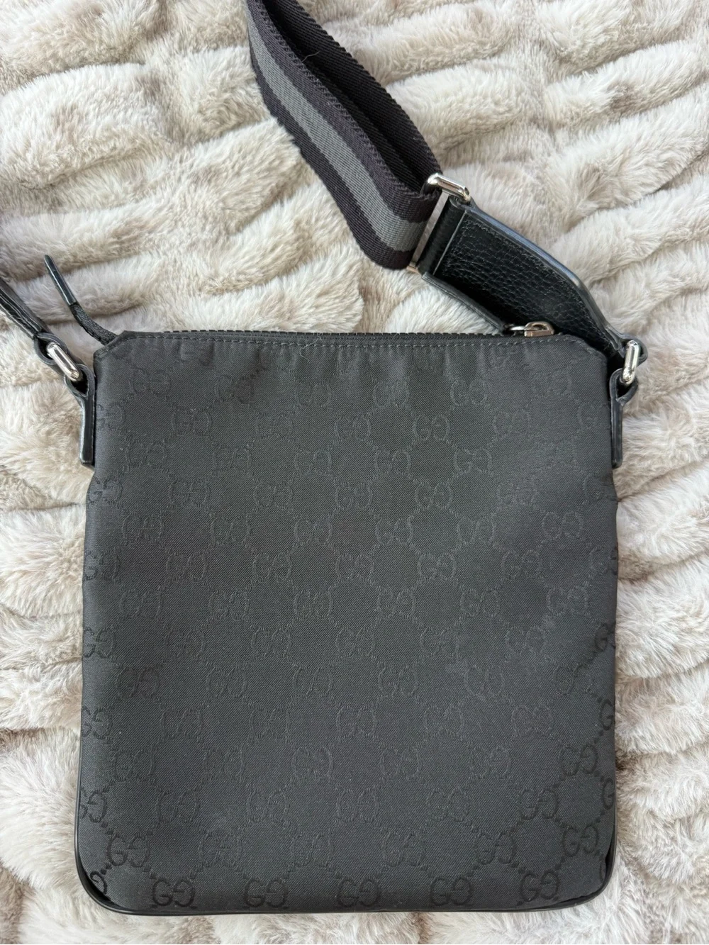 Authentic Gucci Black GG Nylon Flat Messenger Crossbody Bag | Leather Trim